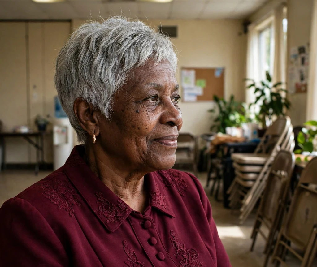 Shaggy tapered nape with textured crown on short silver hair, community hall
