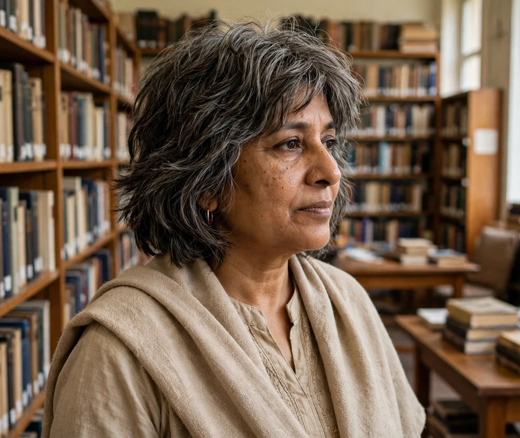 Shag with chunky layers on salt-and-pepper hair, library