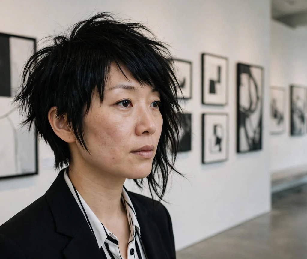 Edgy asymmetrical shag on black hair, modern art gallery