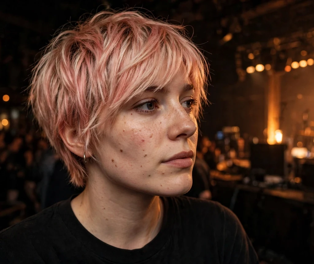 Shaggy pixie with long sweeping fringe on pink-tinted blonde hair, concert