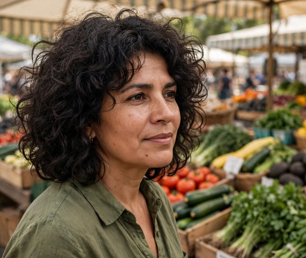 Big curly voluminous shag on dark curly hair, farmers market