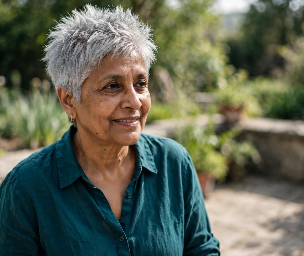 Textured silver spiky pixie haircut on a South Asian woman in her early 60s, garden terrace