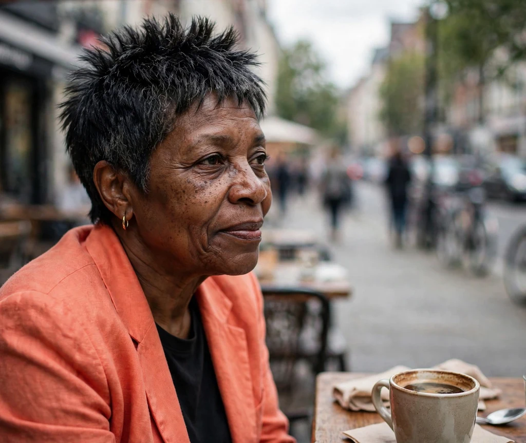 Classic short spiky pixie on a Black woman in her late 50s, city café