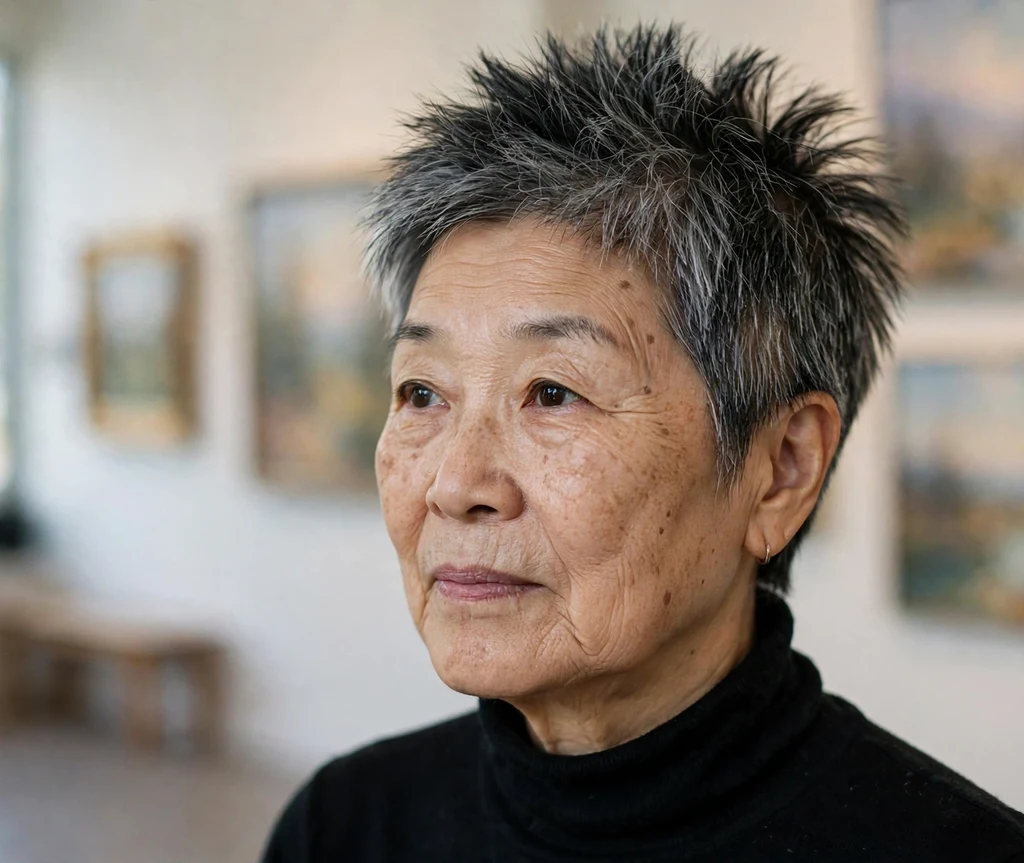 Spiky crop with tapered sides on an East Asian woman in her mid 60s, art gallery