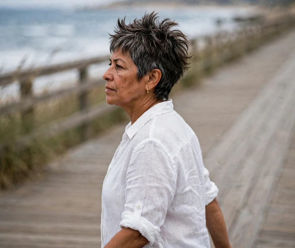 Layered spiky pixie on a Latina woman in her late 50s, coastal boardwalk