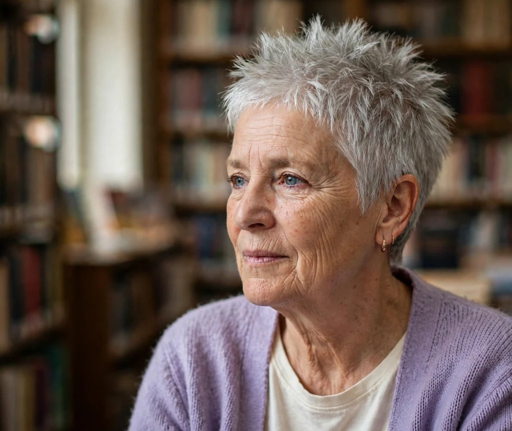 Silver spiky crop on a white woman in her late 60s, library