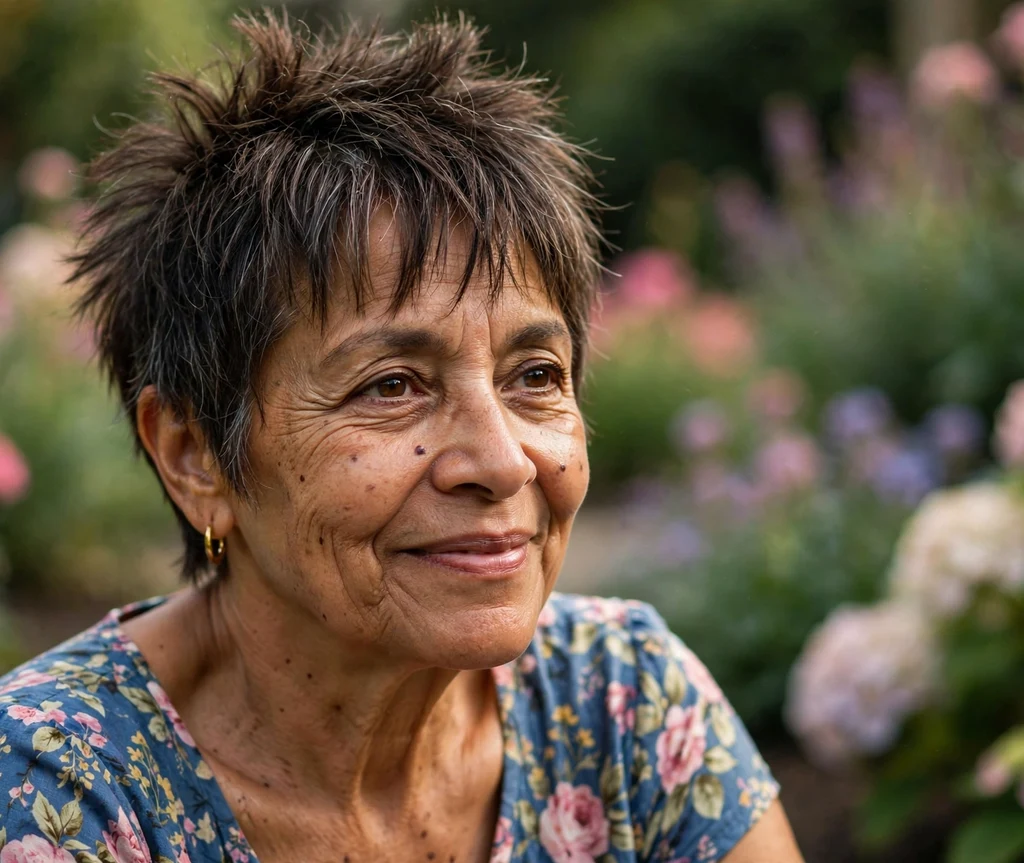 Textured spiky pixie with wispy bangs on a mixed-race woman in her early 60s, botanical garden