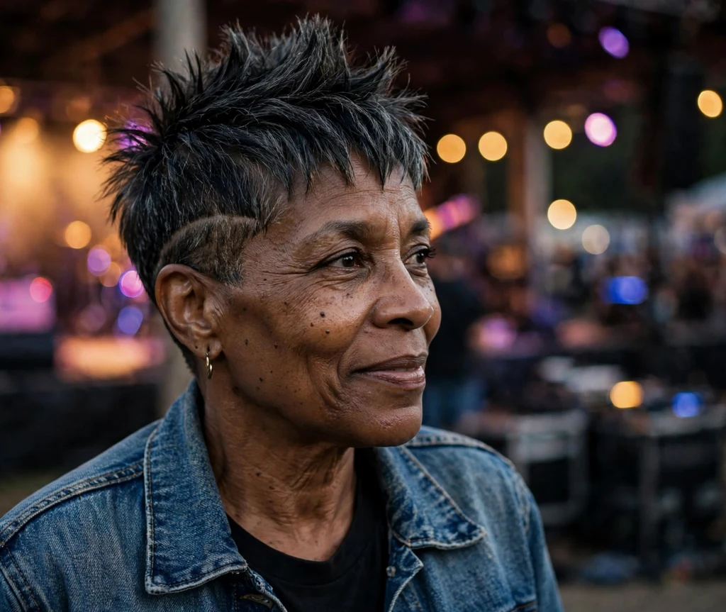 Edgy spiky undercut pixie on a Black woman in her mid 50s, outdoor music venue