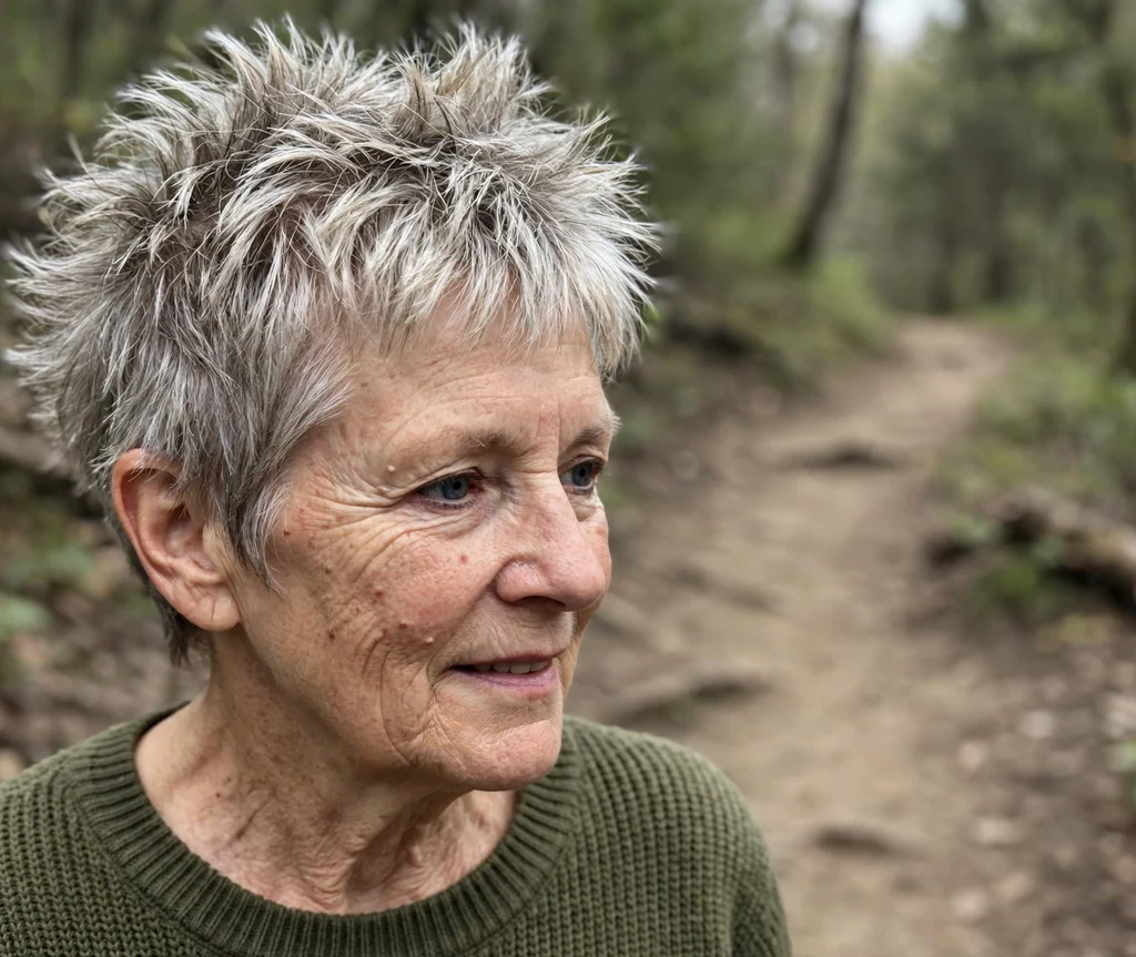 Short spiky shag on a white woman in her early 60s, forest trail