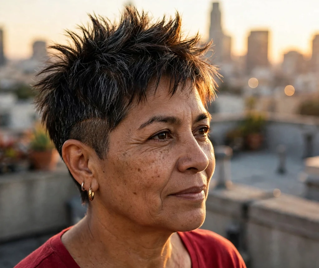 Spiky pixie with shaved nape on a Latina woman in her mid 50s, rooftop