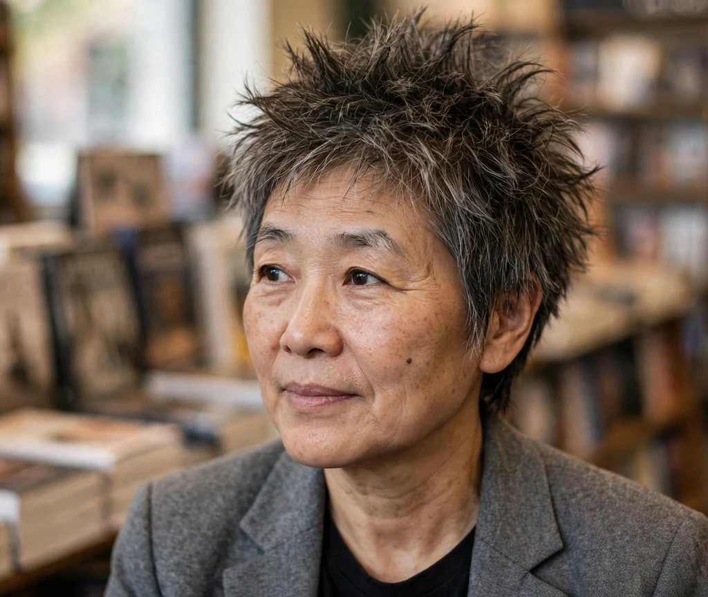 Tousled spiky crop on an East Asian woman in her late 50s, bookstore