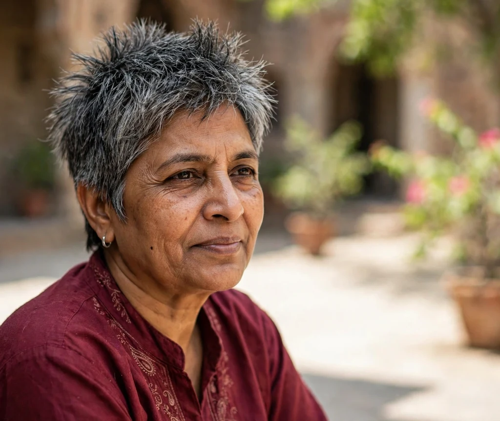 Salt-and-pepper spiky pixie on a South Asian woman in her late 50s, sunlit courtyard