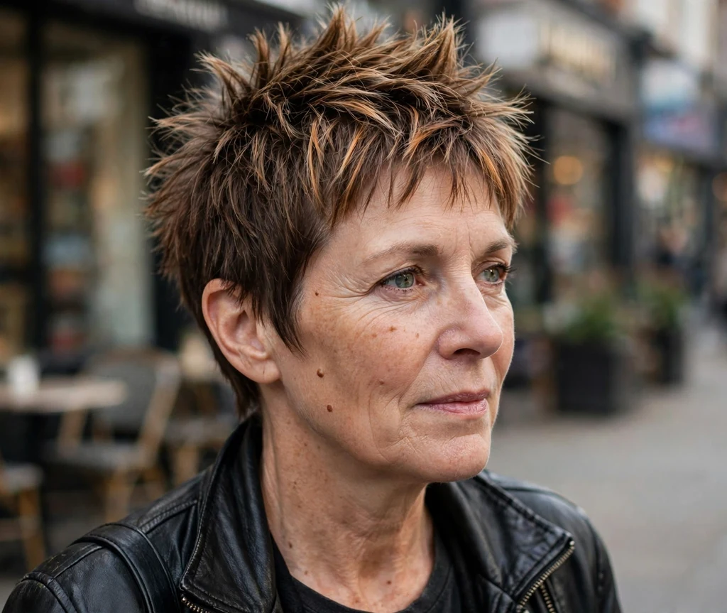 Spiky pixie with caramel highlights on a white woman in her late 50s, city street