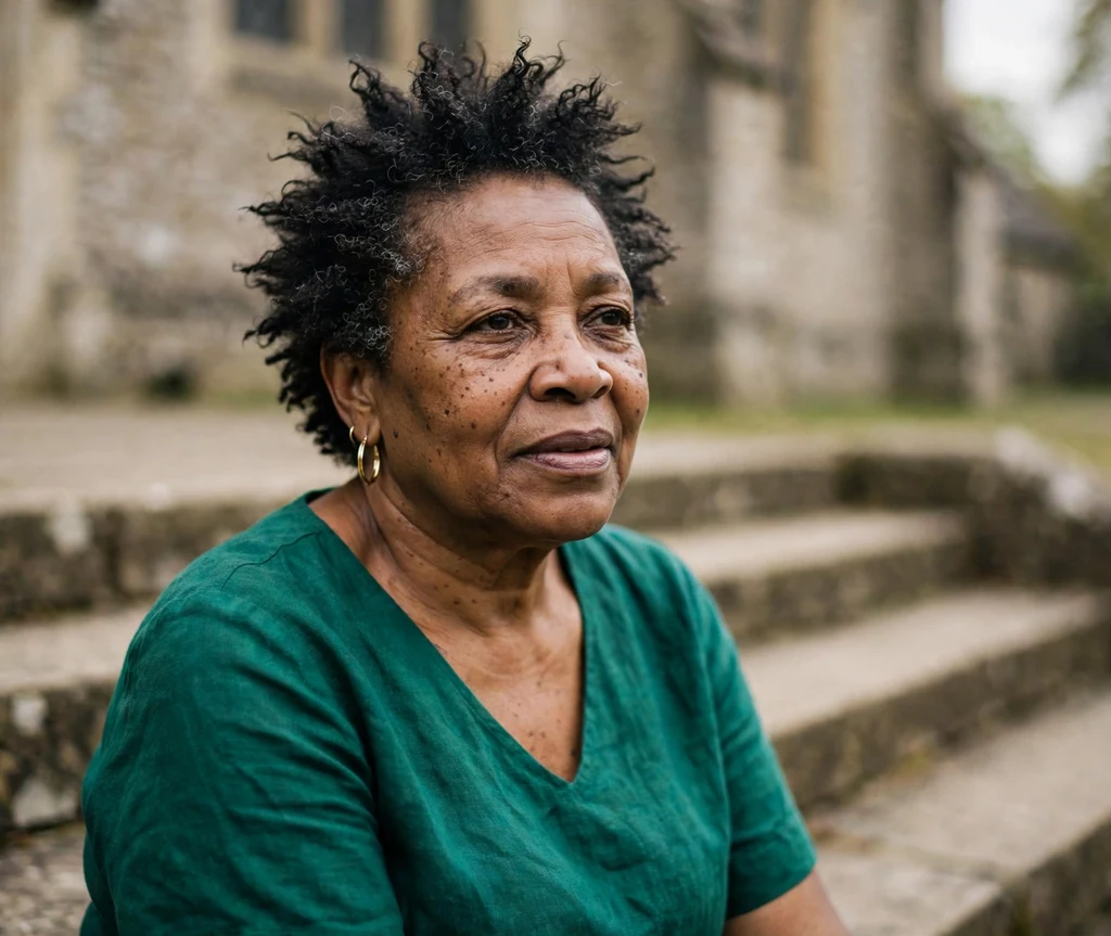 Curly spiky crop on a Black woman in her late 50s, church steps