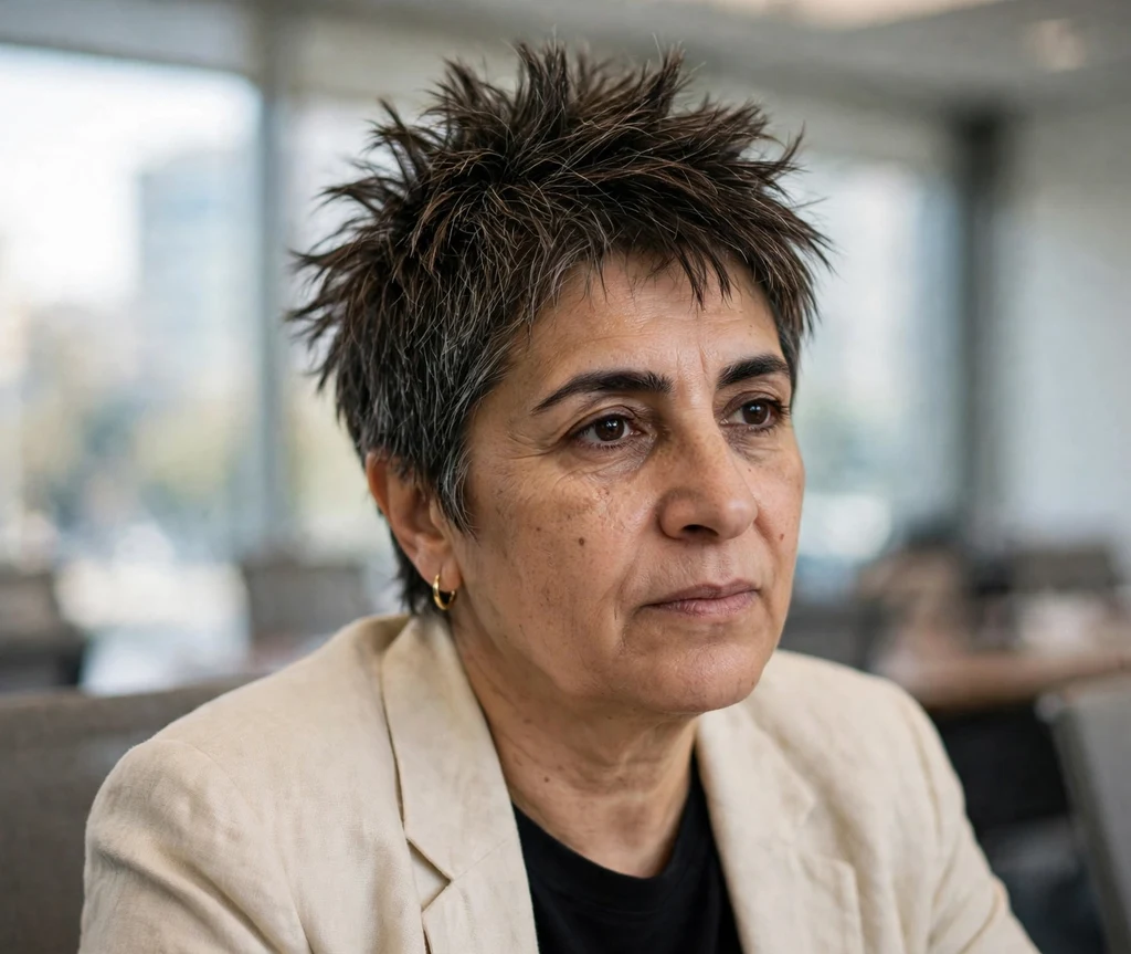 Feathered spiky pixie on a Middle Eastern woman in her early 50s, conference room