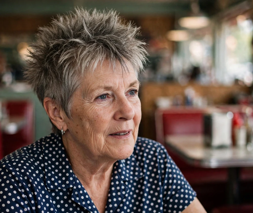 Spiky wedge haircut on a white woman in her mid 60s, retro diner