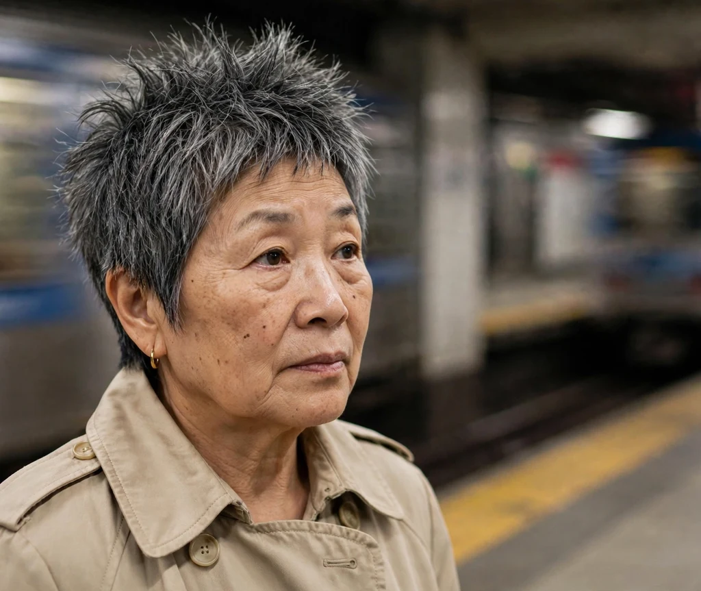 Choppy spiky crop on an East Asian woman in her mid 60s, subway platform