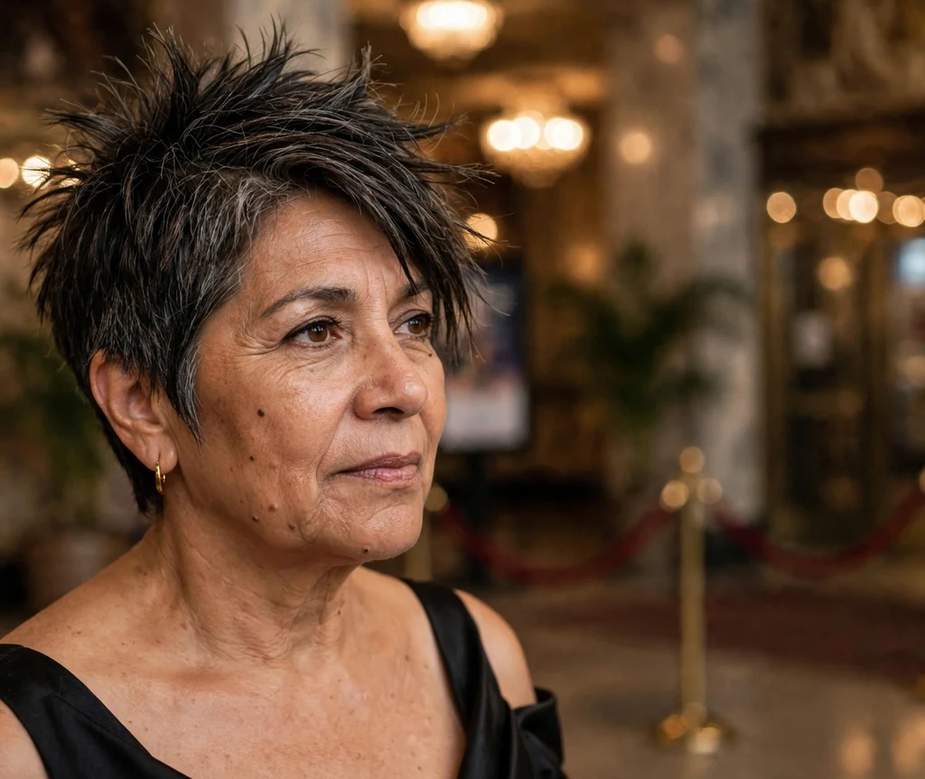 Spiky pixie with deep side sweep on a Latina woman in her late 50s, theater lobby