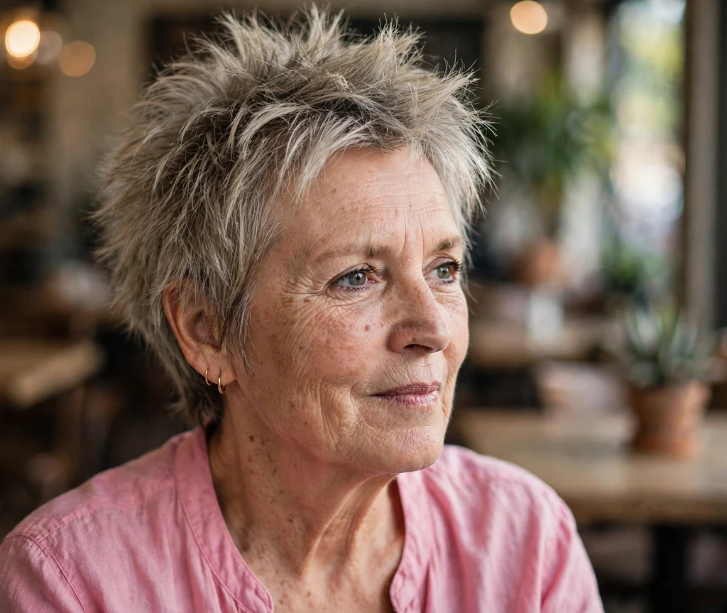 Textured spiky bob on a white woman in her early 60s, cozy café