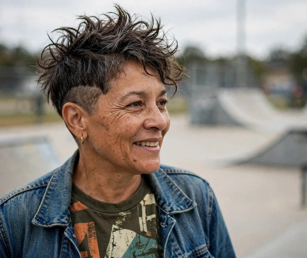 Bold spiky undercut pixie with long textured top on a mixed-race woman in her mid 50s, skate park