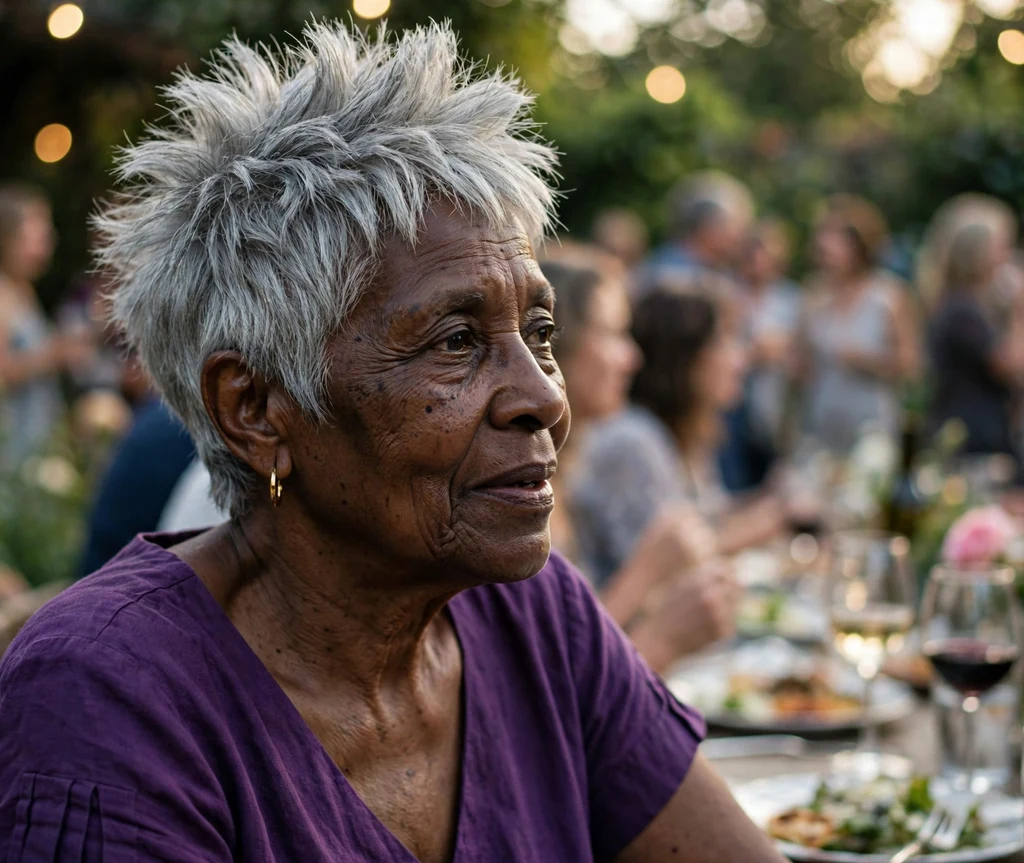Silver spiky pixie with crown volume on a Black woman in her late 60s, garden party