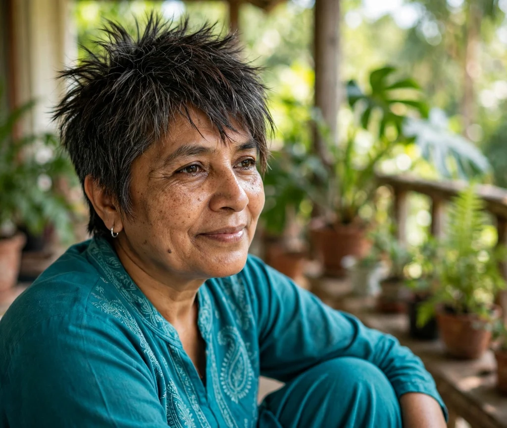 Spiky pixie with asymmetric fringe on a South Asian woman in her early 50s, sunlit veranda