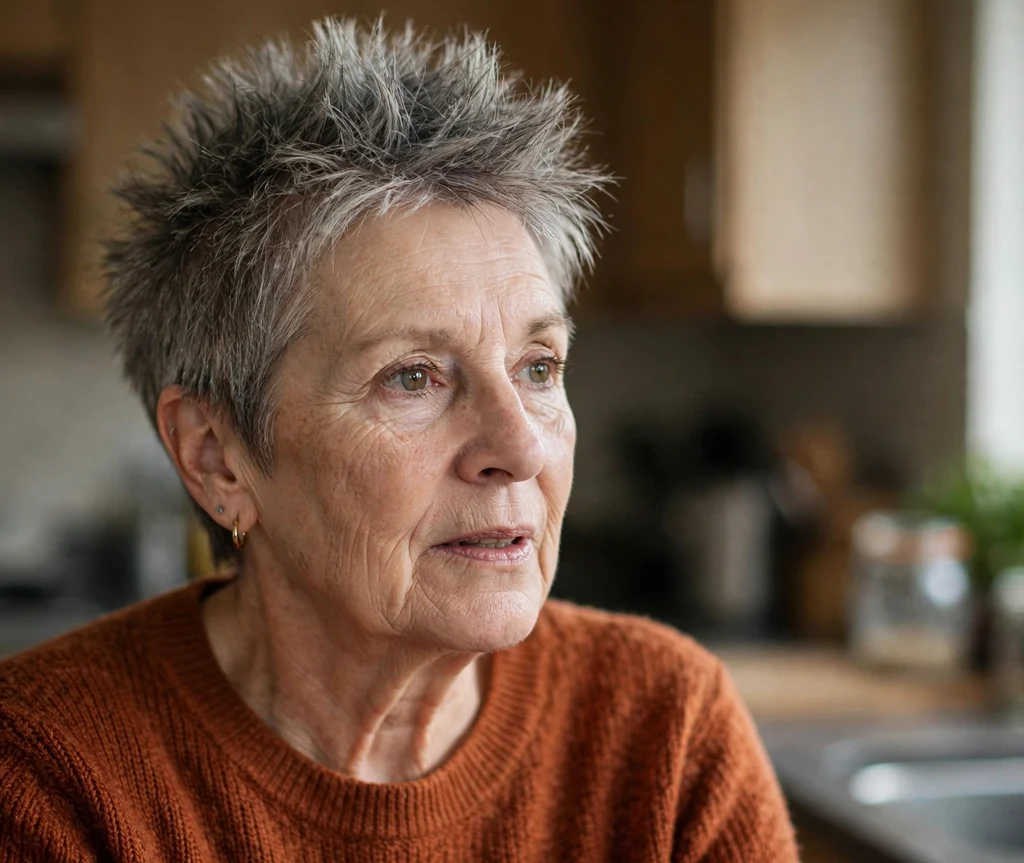 Short spiky fauxhawk on a white woman in her mid 60s, home kitchen