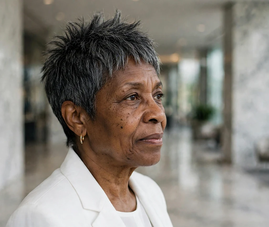 Spiky tapered pixie on a Black woman in her early 60s, corporate lobby