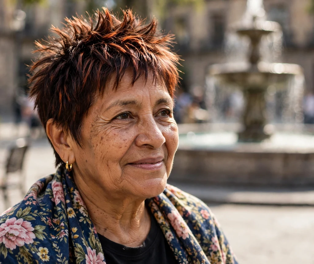 Spiky pixie with copper highlights on a Latina woman in her early 60s, sunny plaza