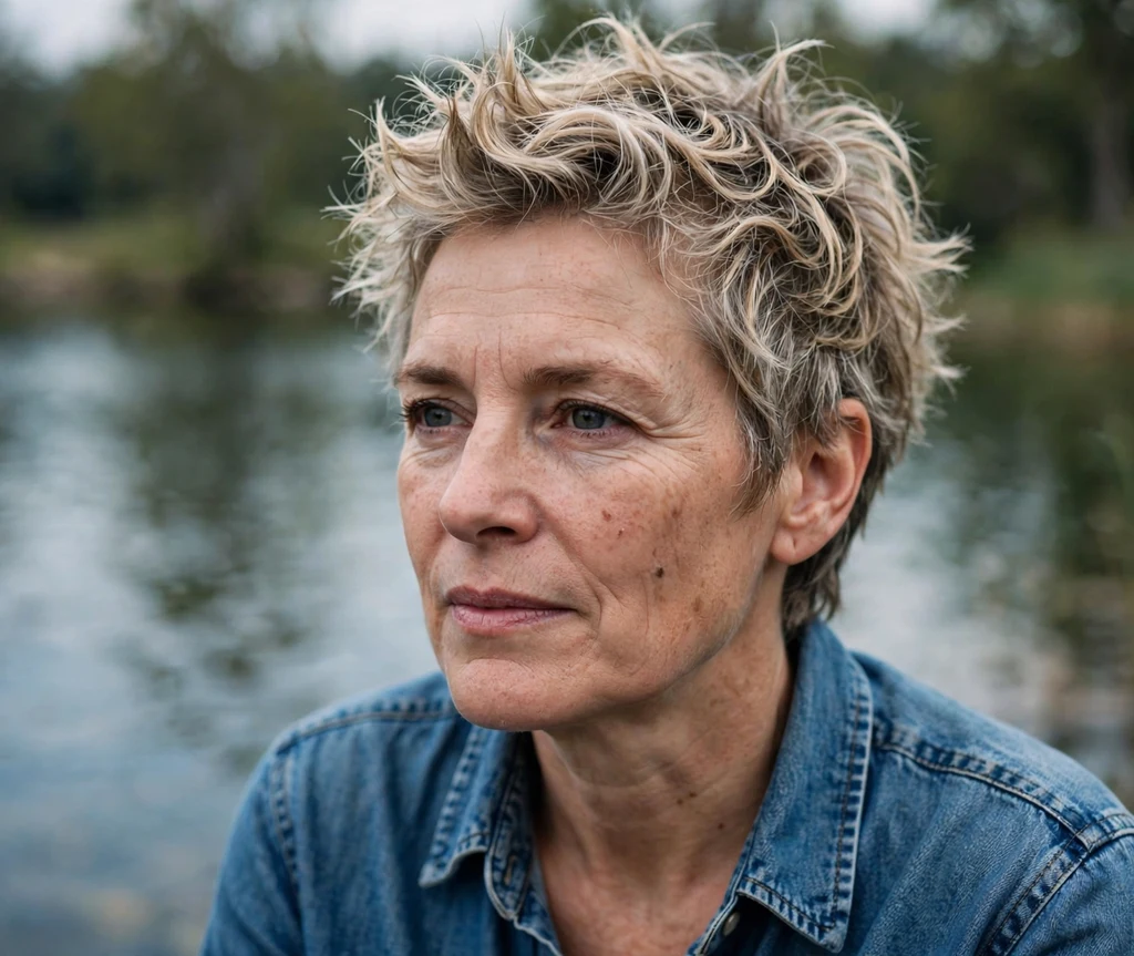 Wavy spiky crop on a white woman in her early 50s, lakeside