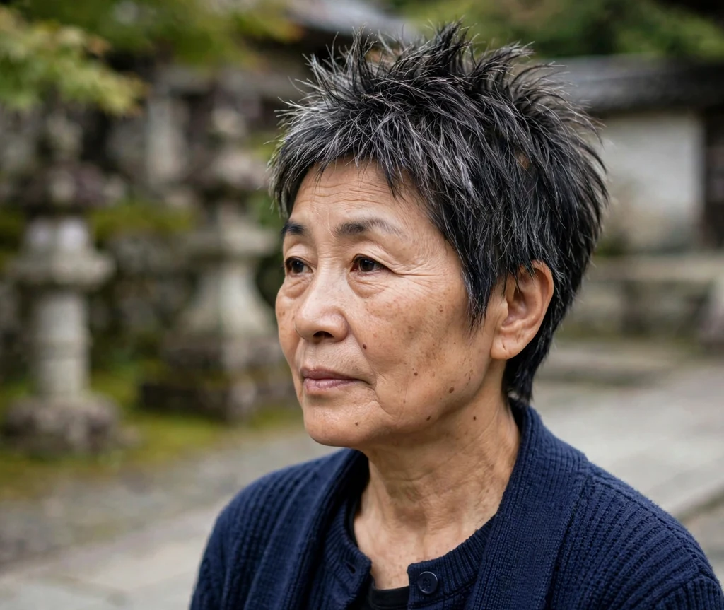 Spiky pixie with longer textured top on an East Asian woman in her mid 60s, temple courtyard