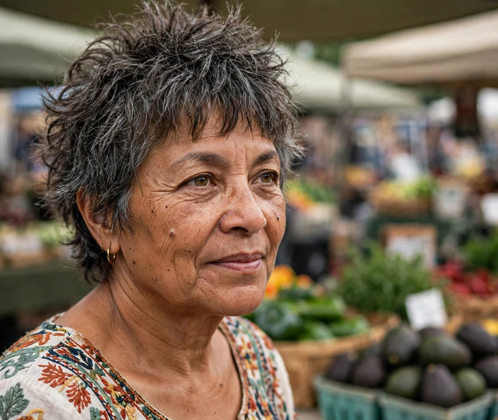 Short spiky shag with bangs on a mixed-race woman in her late 50s, outdoor market