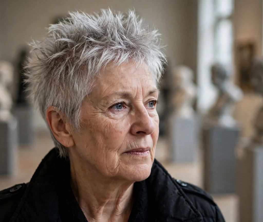 Silver textured spiky crop on a white woman in her late 60s, art gallery