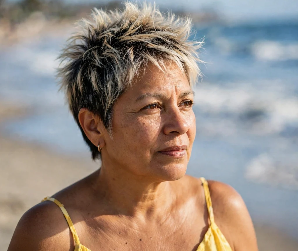Spiky pixie with frosted blonde tips on a Latina woman in her early 50s, beach