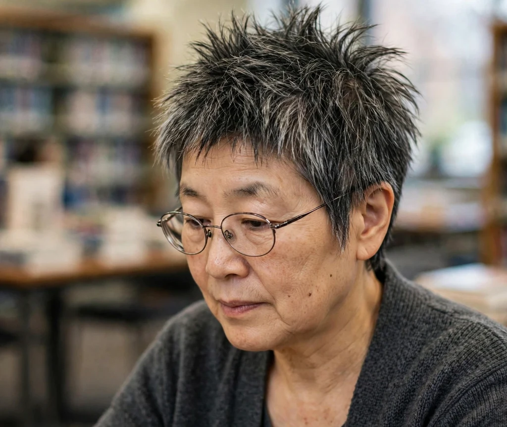 Piecey spiky pixie with eyeglasses on an East Asian woman in her early 60s, library reading room