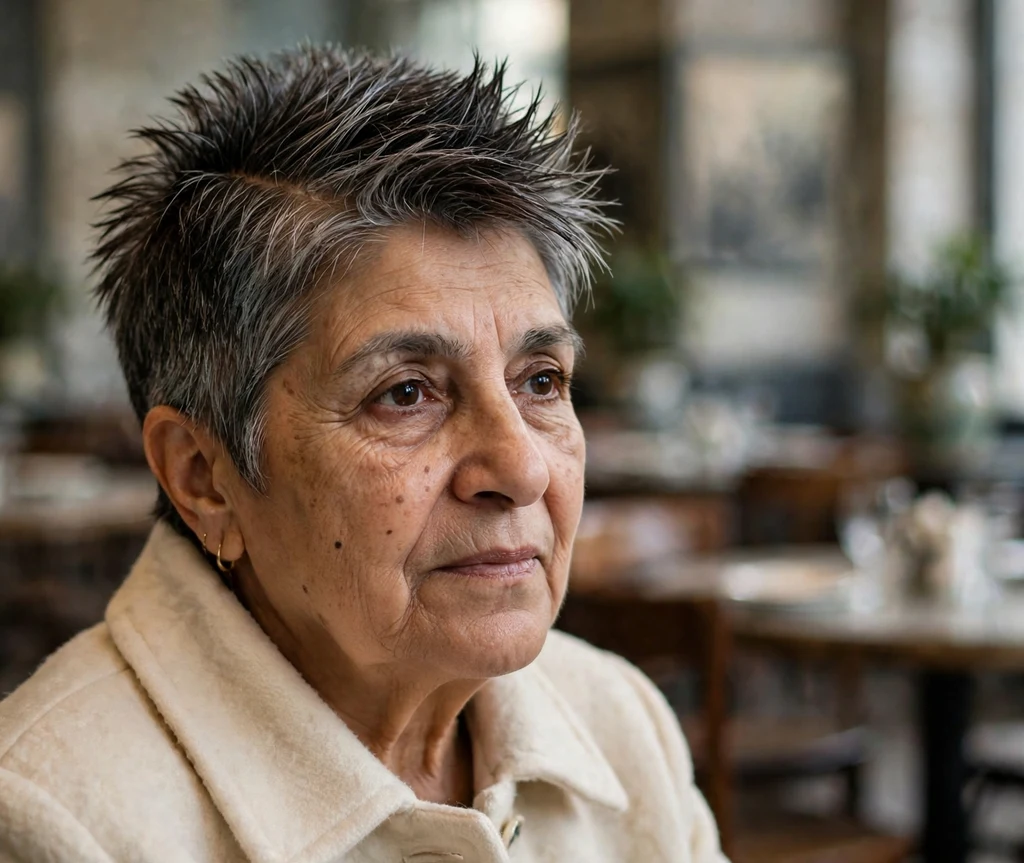 Spiky crop with neat side part on a Middle Eastern woman in her mid 60s, museum café