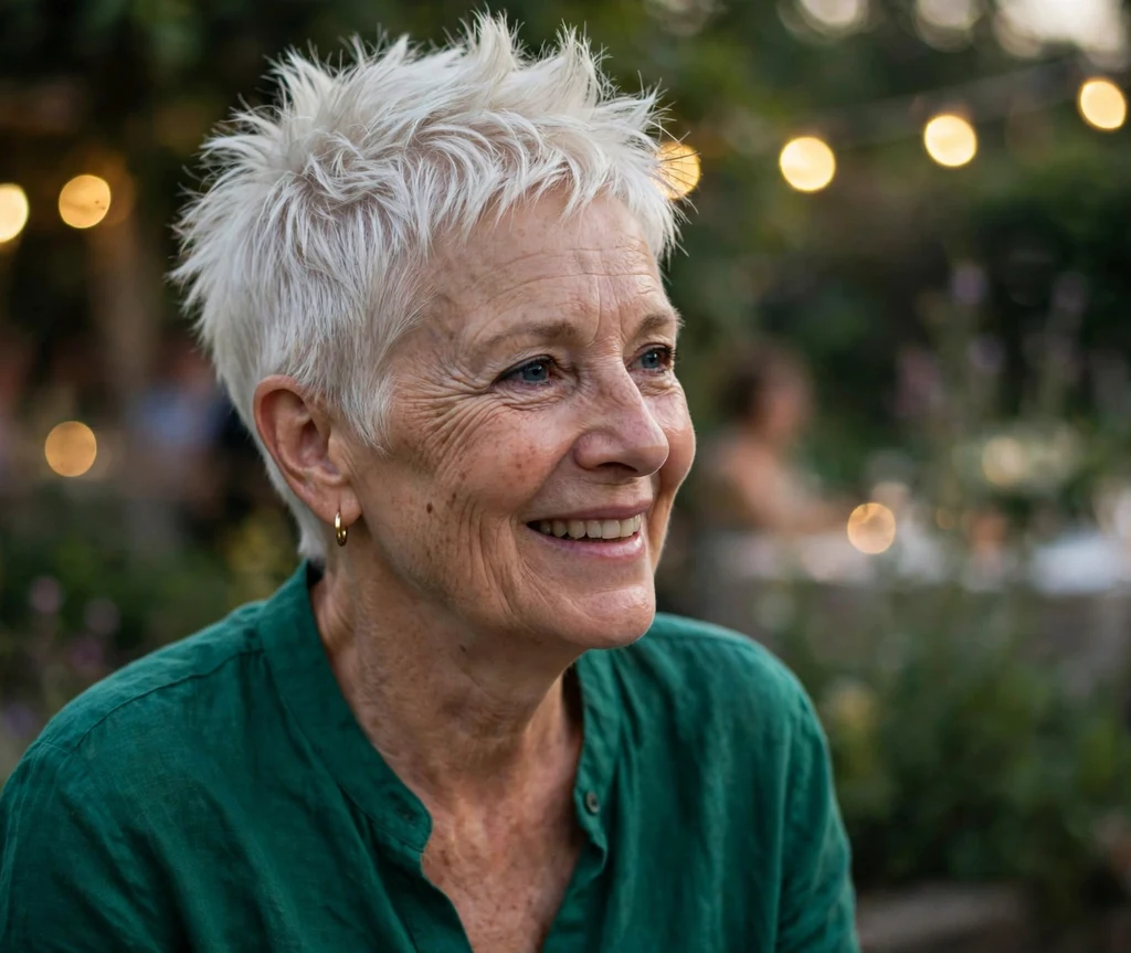 Platinum spiky pixie on a white woman in her late 60s, garden party