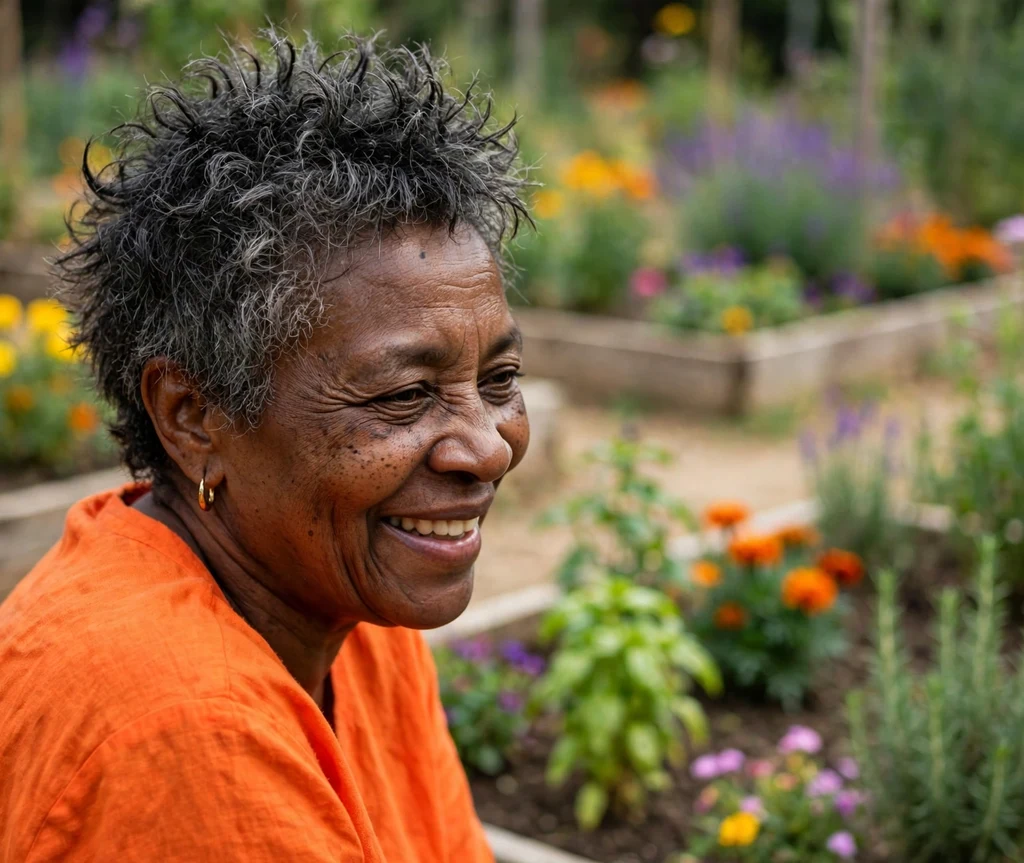 Spiky curly pixie on a Black woman in her mid 60s, community garden