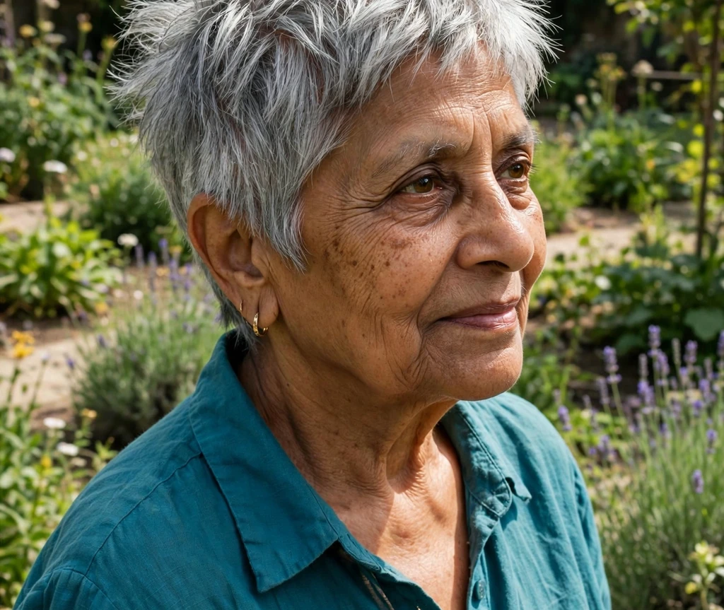 Woman over 50 with a silver edgy short spiky pixie haircut