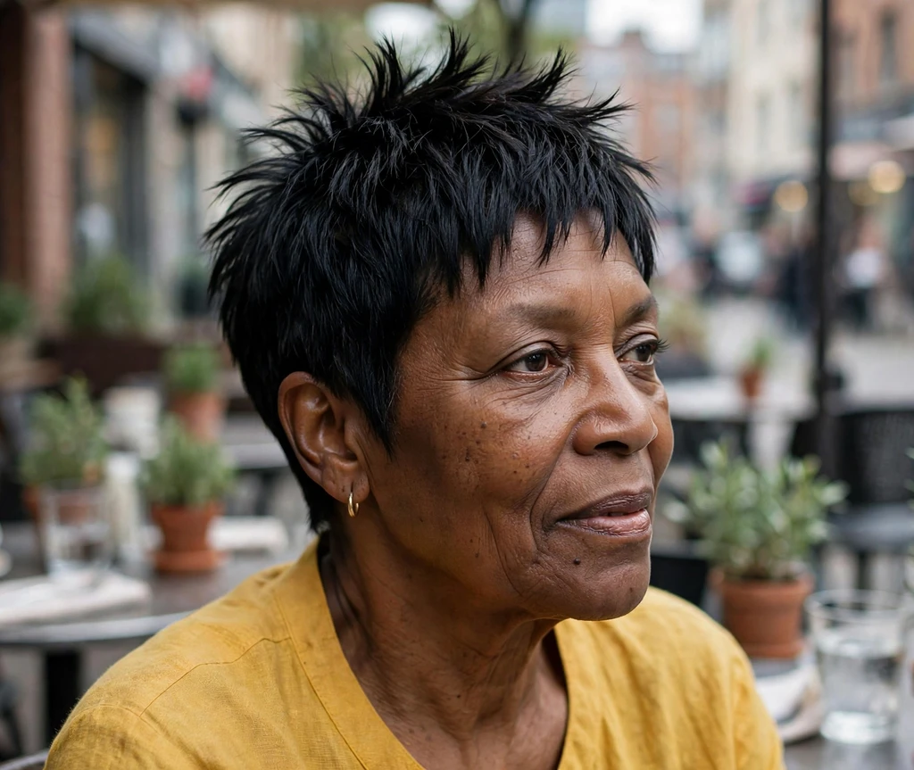 Classic silver spiky pixie haircut on a woman over 50