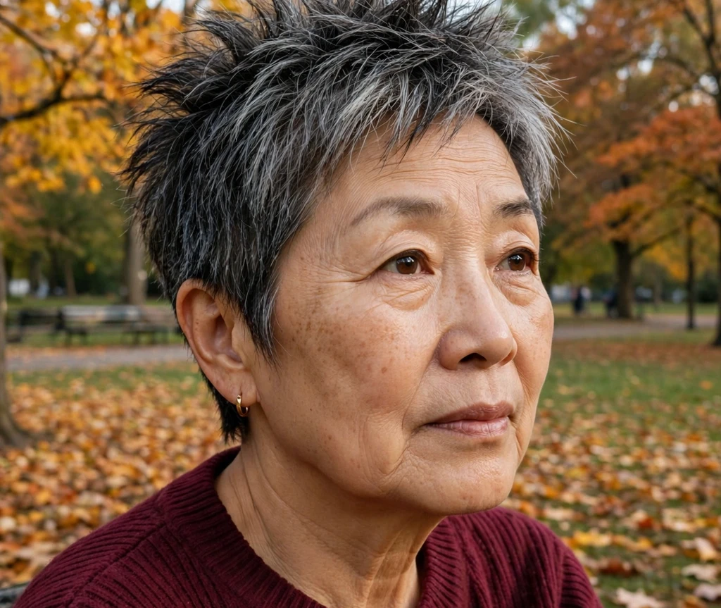 Salt-and-pepper fauxhawk spiky pixie for women over 50