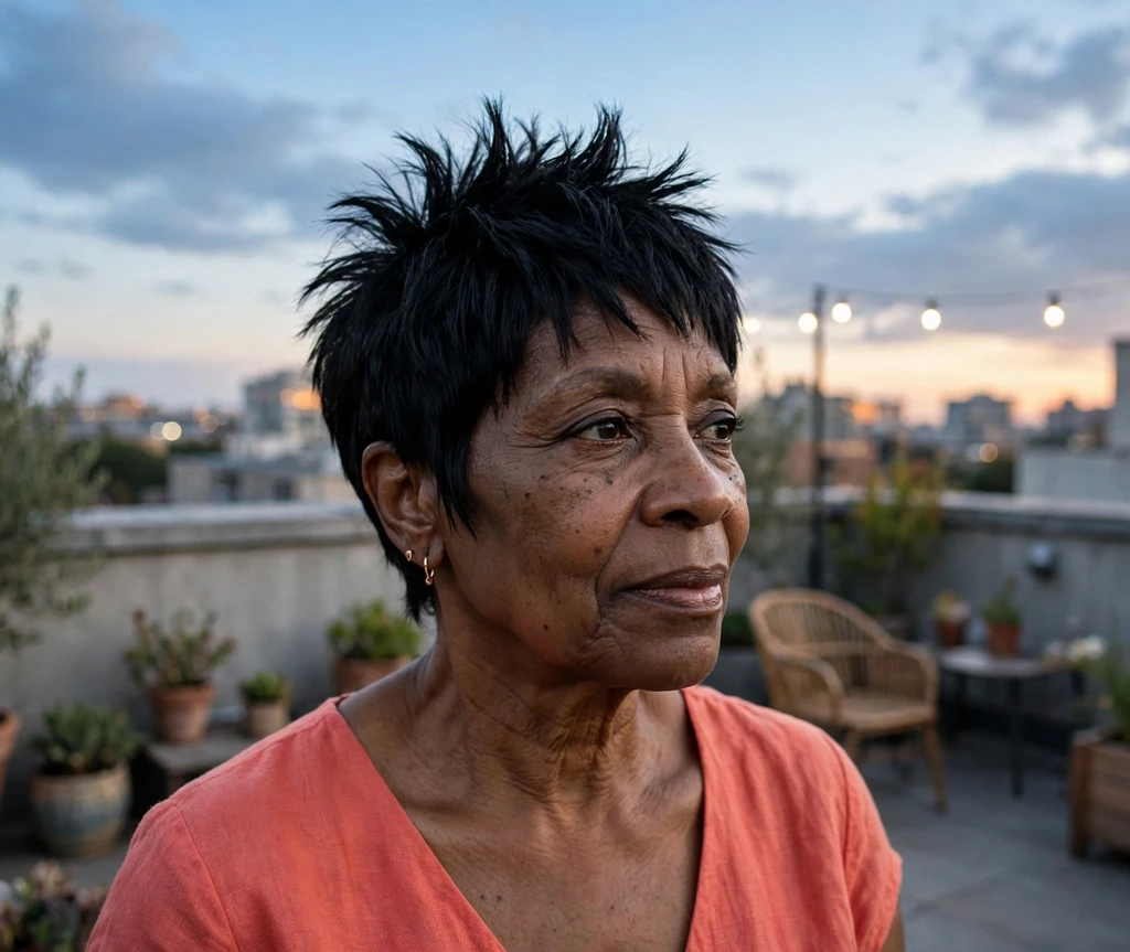 Bold black spiky pixie haircut for women over 50