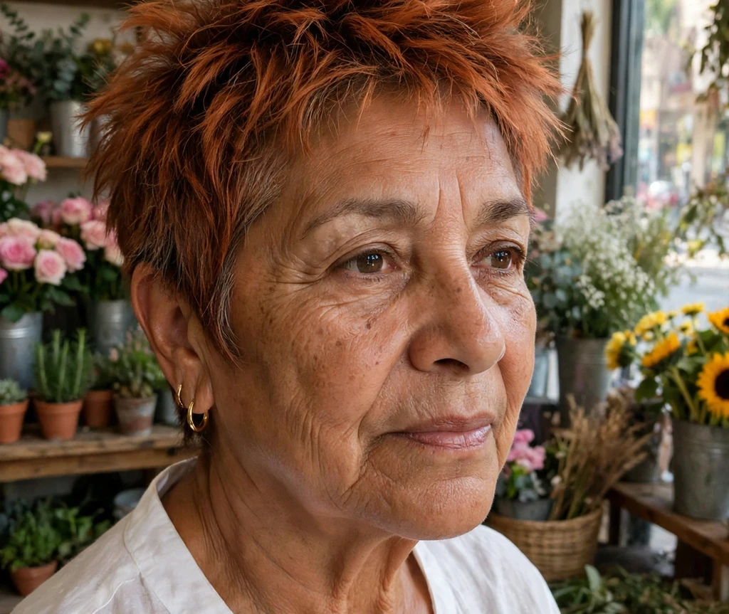 Copper-toned textured spiky pixie for women over 50