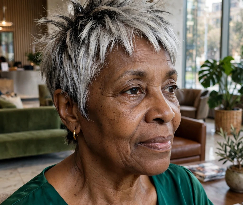 Silver spiky pixie with dark roots for women over 50