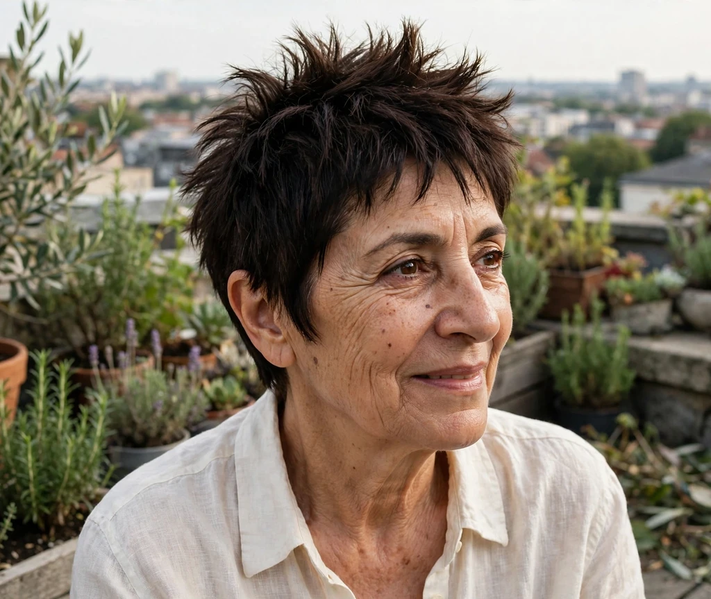 Dark chocolate spiky pixie haircut for women over 50