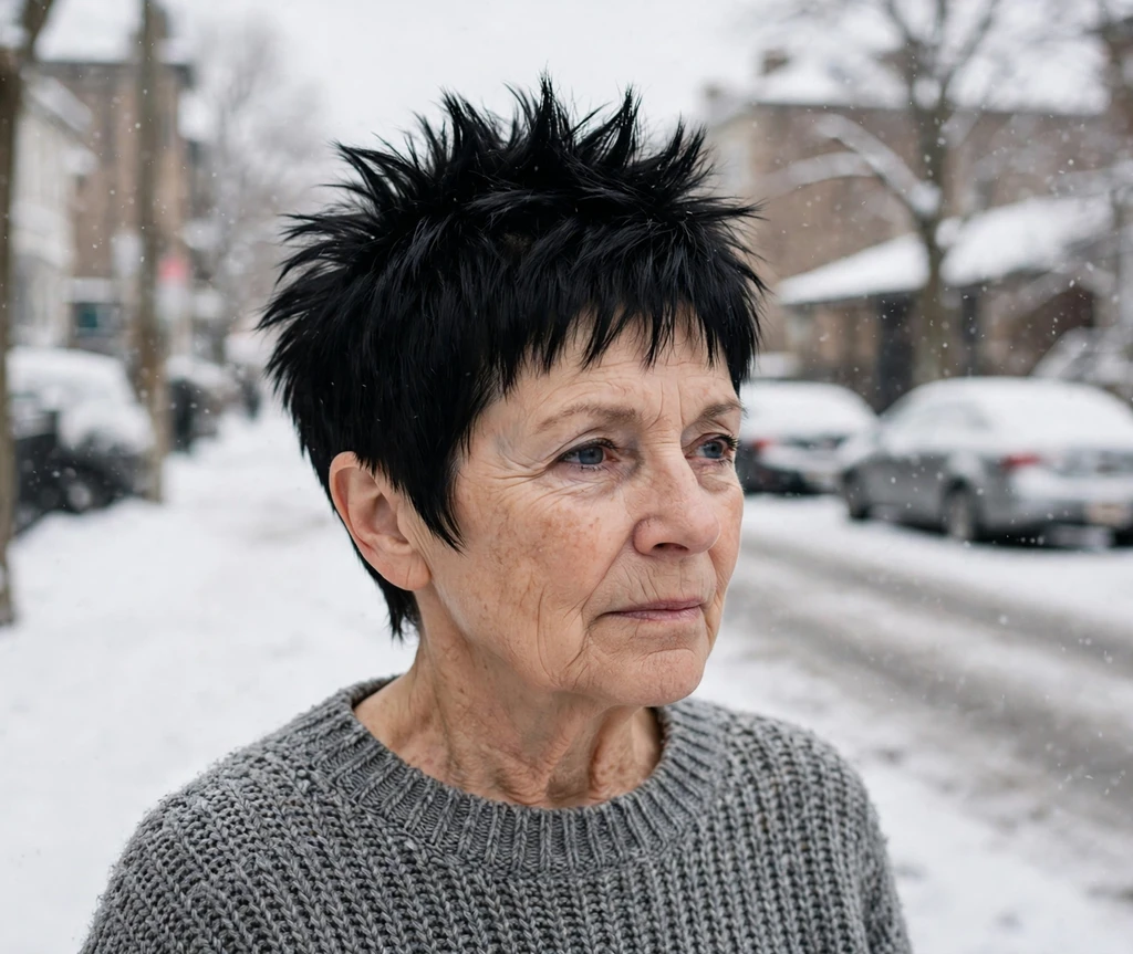 Jet-black fauxhawk spiky pixie for women over 50