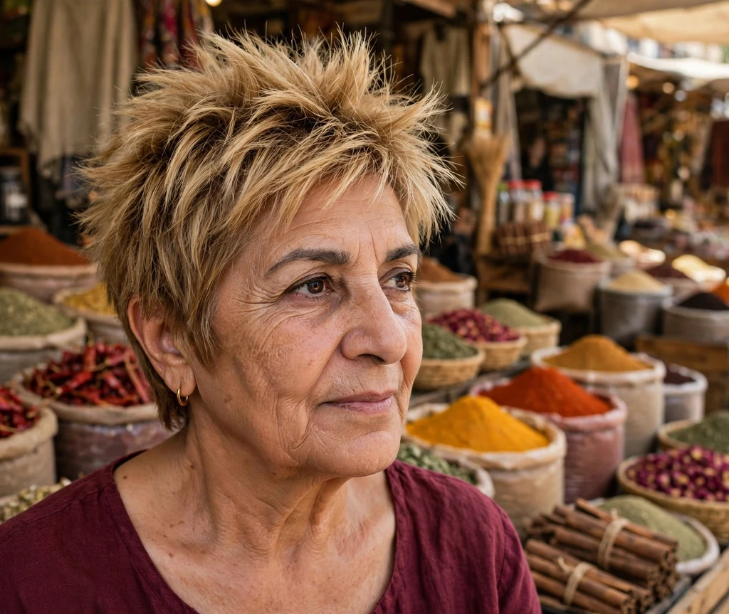 Honey-blonde spiky layered haircut for women over 50
