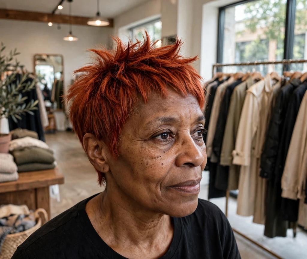 Red-hot copper spiky pixie haircut for women over 50