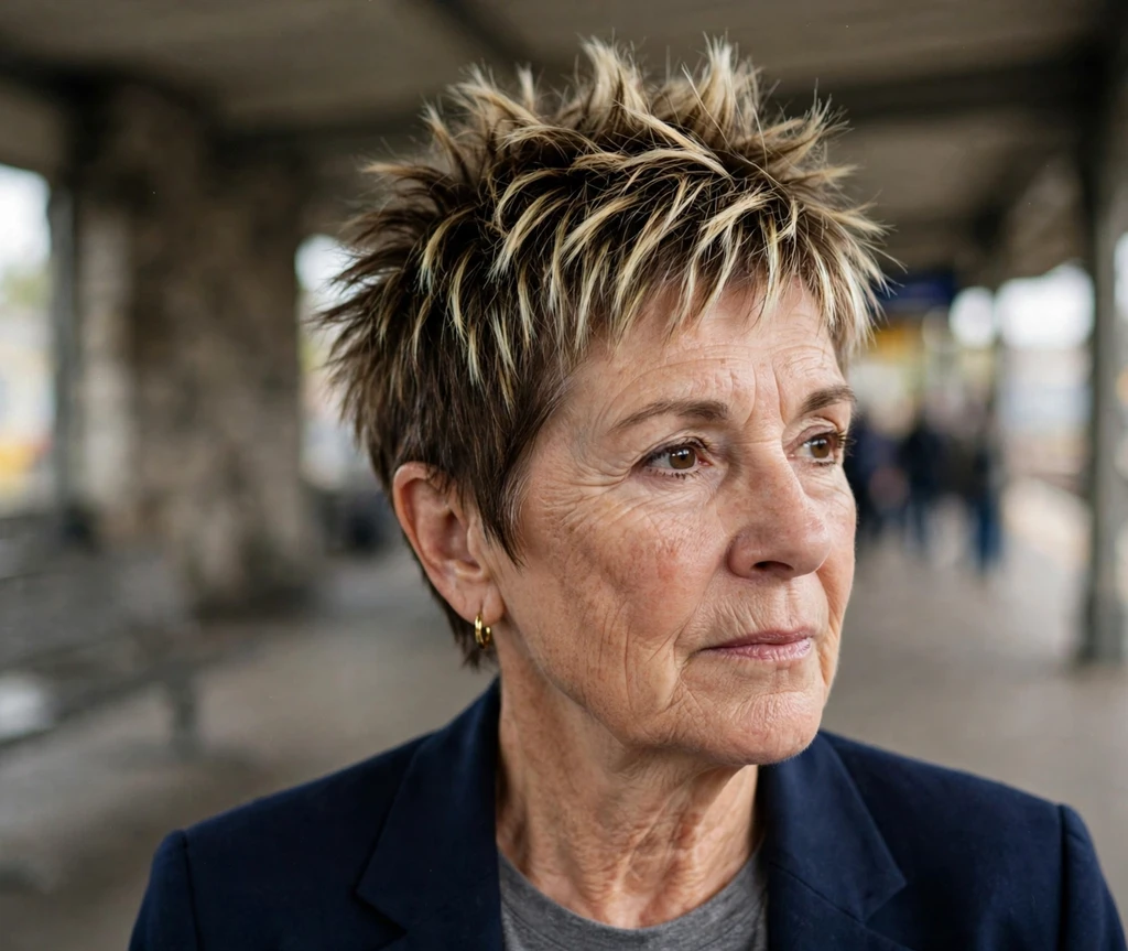 Spiky pixie with bold highlights for women over 50
