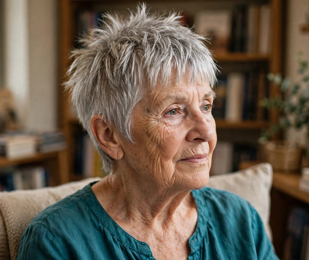 Spiky pixie with choppy bangs for women over 50
